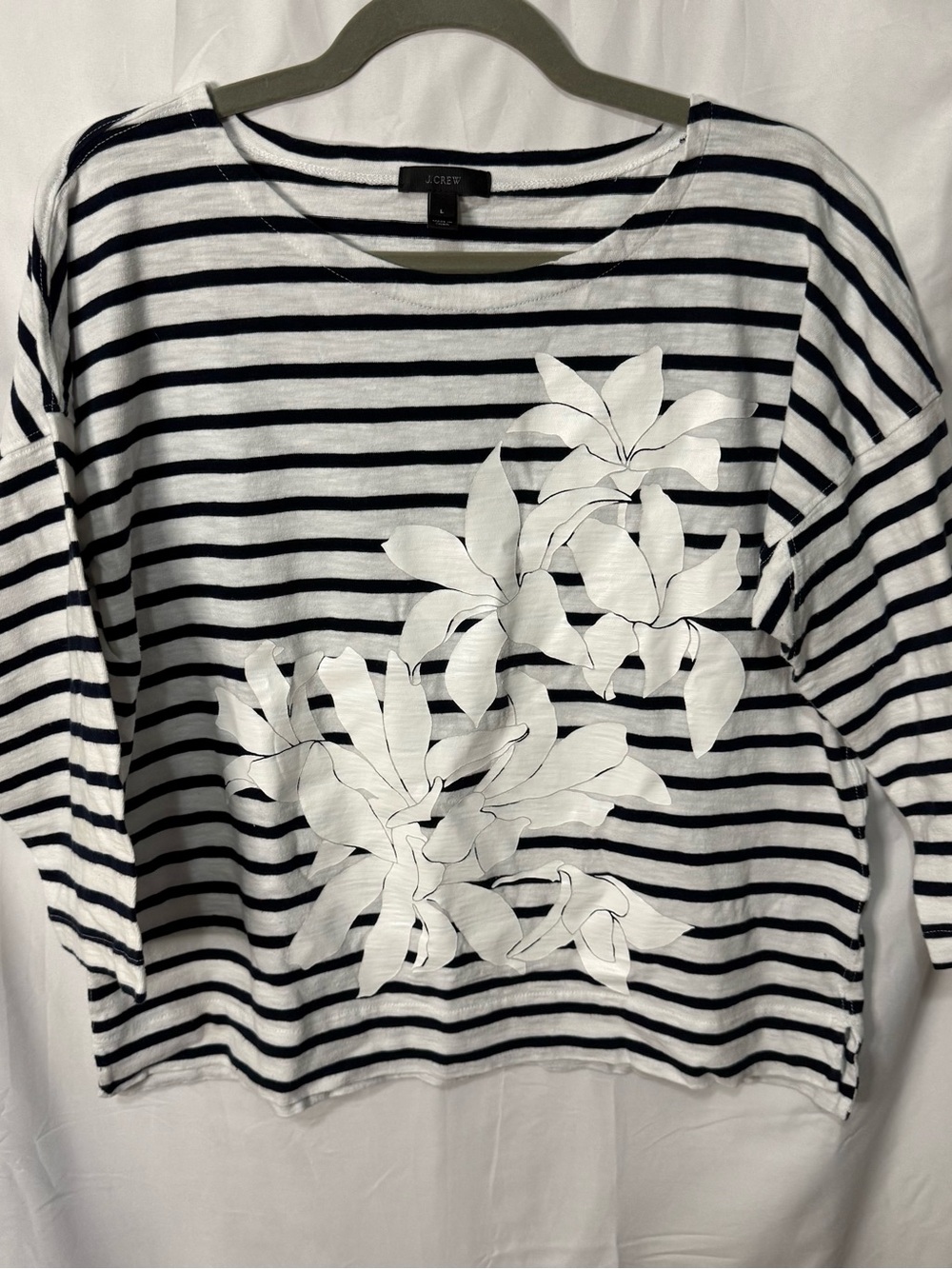 J. Crew Black & White Striped Long-Sleeve Tee with White Floral Appliqué - Picture 1 of 6